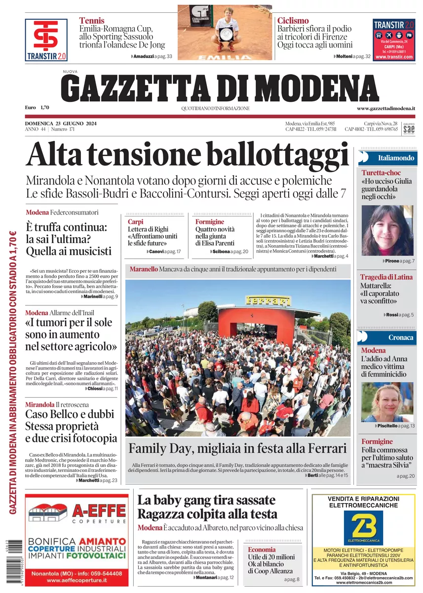 Prima-pagina-gazzetta di modena-oggi-edizione-del-2024-06-23